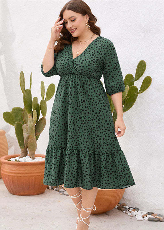 Loose Green Ruffled Print Patchwork Cotton Dresses Summer