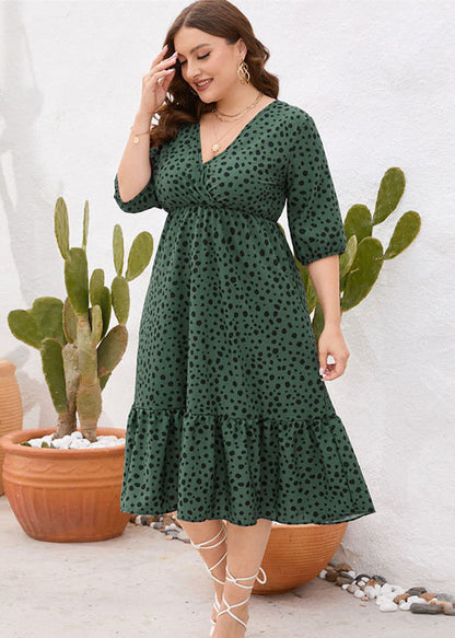 Loose Green Ruffled Print Patchwork Cotton Dresses Summer