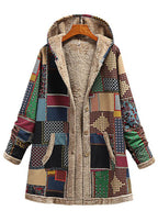 Loose Khaki Hooded Print Pockets Patchwork Warm Fleece Coat Fall