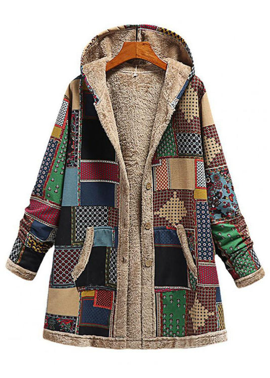 Loose Khaki Hooded Print Pockets Patchwork Warm Fleece Coat Fall