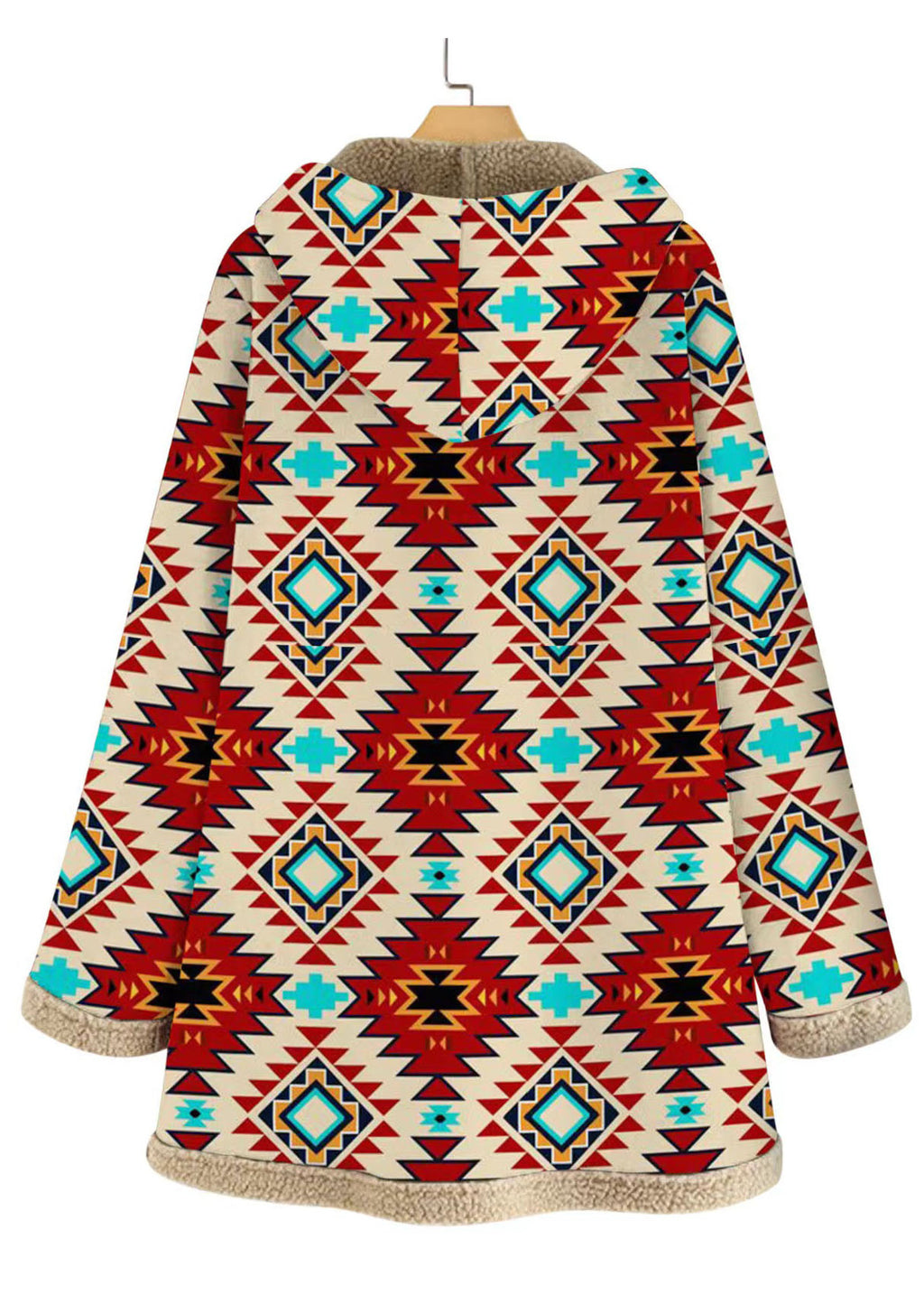 Loose Khaki Hooded Print Pockets Patchwork Warm Fleece Coat Fall