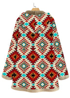 Loose Khaki Hooded Print Pockets Patchwork Warm Fleece Coat Fall