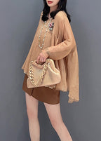 Loose Khaki O-Neck Patchwork Tulle Tops Long Sleeve