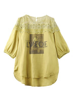 Loose Mustard Print Hollow Out Linen Tops Summer