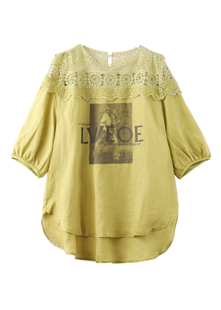 Loose Mustard Print Hollow Out Linen Tops Summer