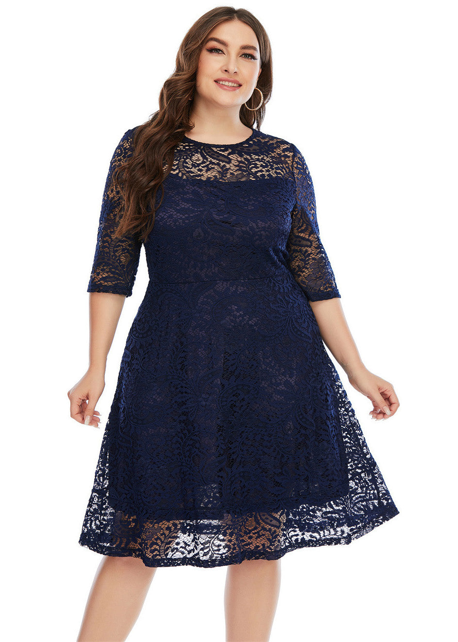 Loose Navy Blue Holiday Lace Mid Dress Summer