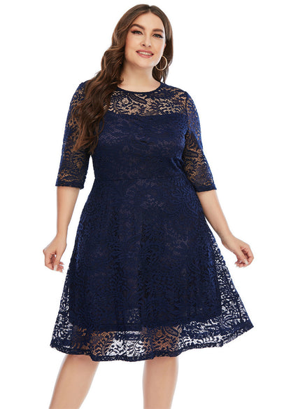 Loose Navy Blue Holiday Lace Mid Dress Summer