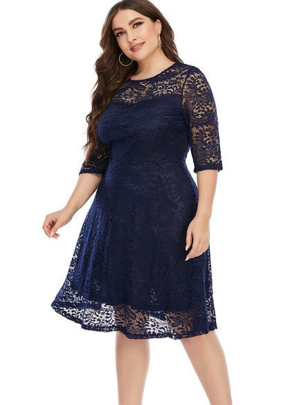 Loose Navy Blue Holiday Lace Mid Dress Summer
