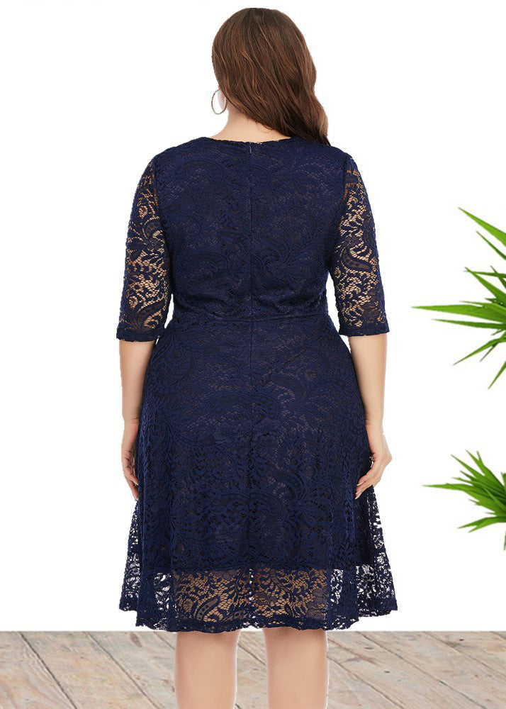 Loose Navy Blue Holiday Lace Mid Dress Summer