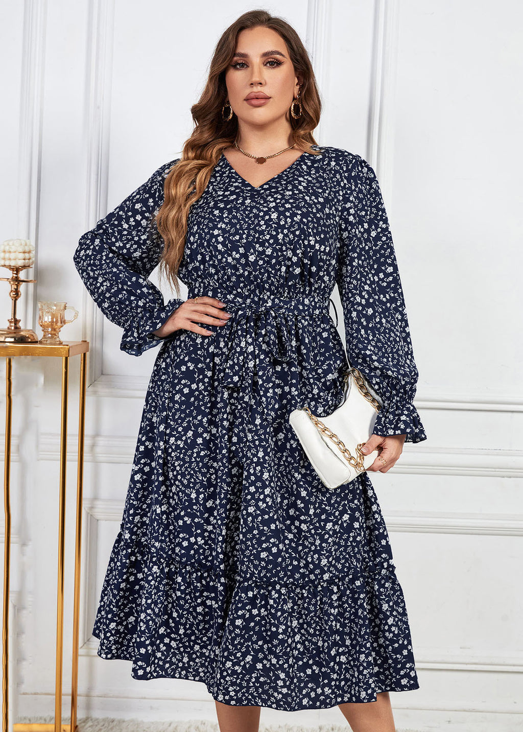 Loose Navy Ruffled Print Patchwork Chiffon Dresses Lantern Sleeve