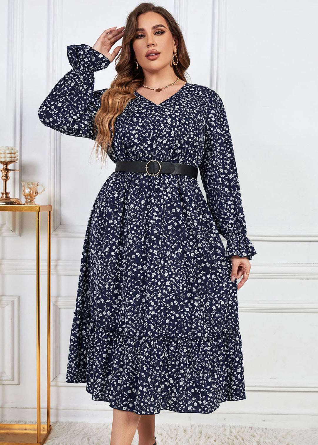 Loose Navy Ruffled Print Patchwork Chiffon Dresses Lantern Sleeve