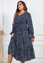 Loose Navy Ruffled Print Patchwork Chiffon Dresses Lantern Sleeve