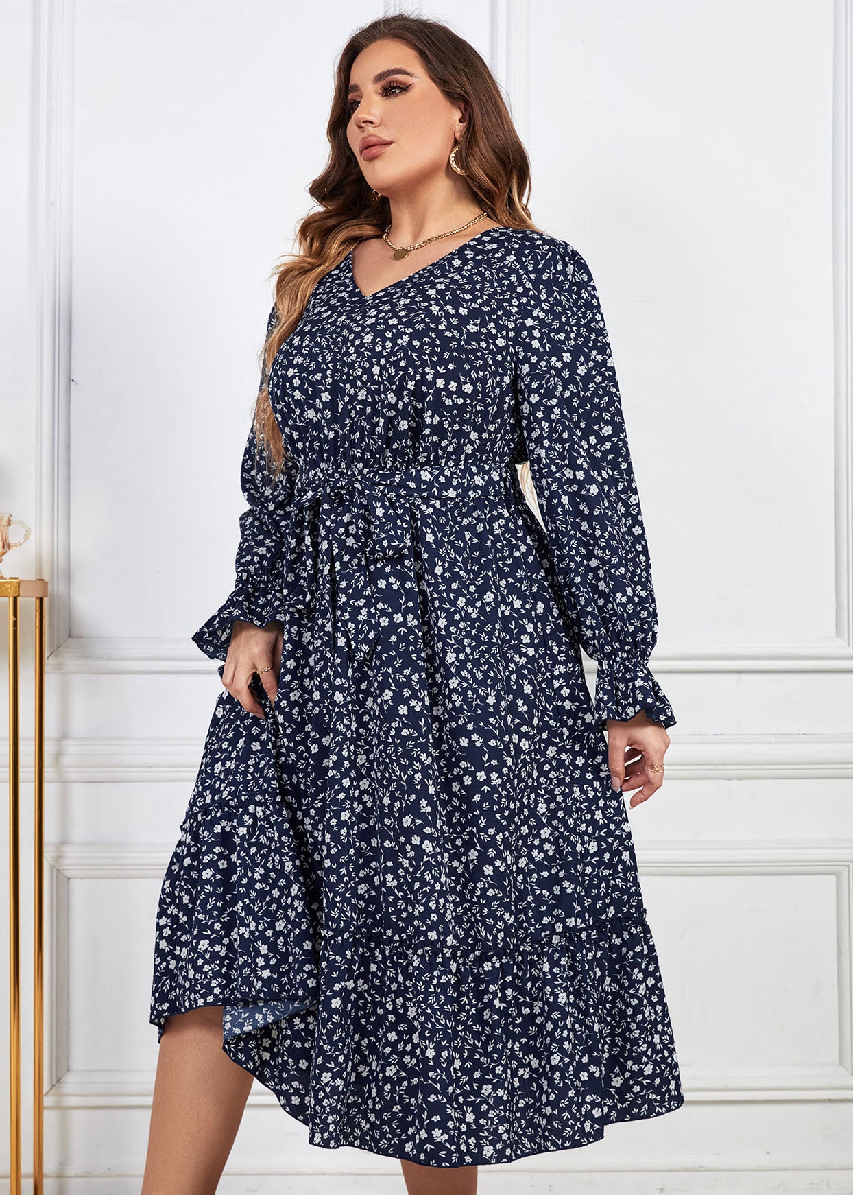 Loose Navy Ruffled Print Patchwork Chiffon Dresses Lantern Sleeve