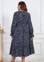 Loose Navy Ruffled Print Patchwork Chiffon Dresses Lantern Sleeve