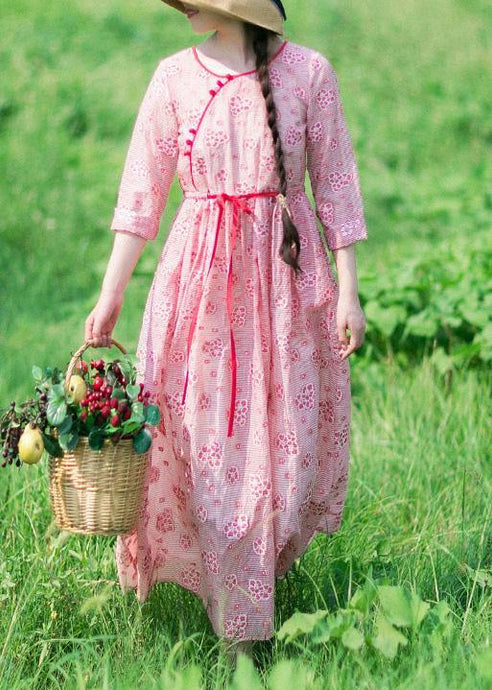 Loose O Neck Drawstring Summer Tunic Work Pink Print Art Dresses