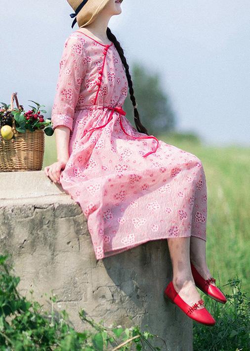 Loose O Neck Drawstring Summer Tunic Work Pink Print Art Dresses