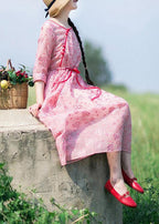 Loose O Neck Drawstring Summer Tunic Work Pink Print Art Dresses