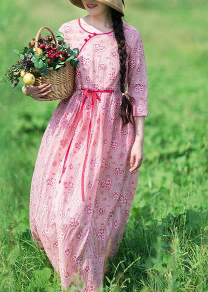 Loose O Neck Drawstring Summer Tunic Work Pink Print Art Dresses