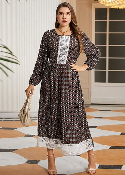 Loose O-Neck Print Lace Patchwork Wrinkled Long Dresses Fall