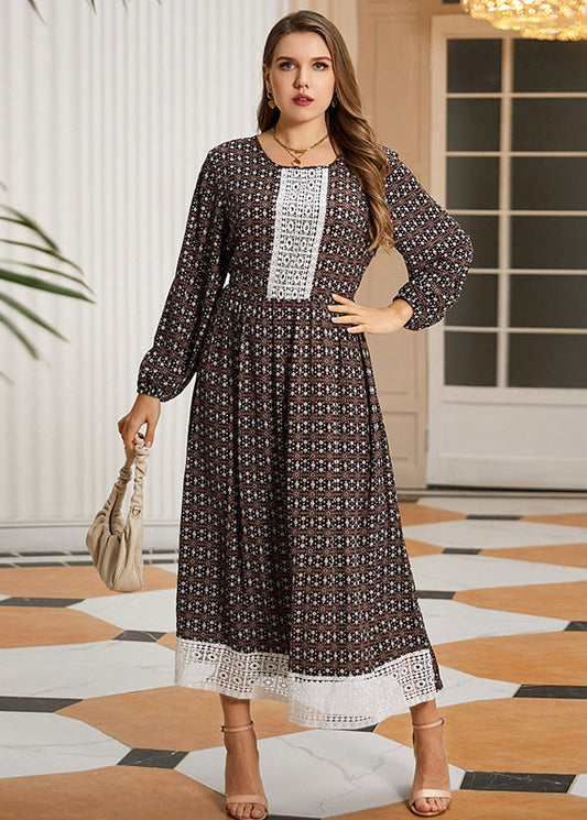 Loose O-Neck Print Lace Patchwork Wrinkled Long Dresses Fall