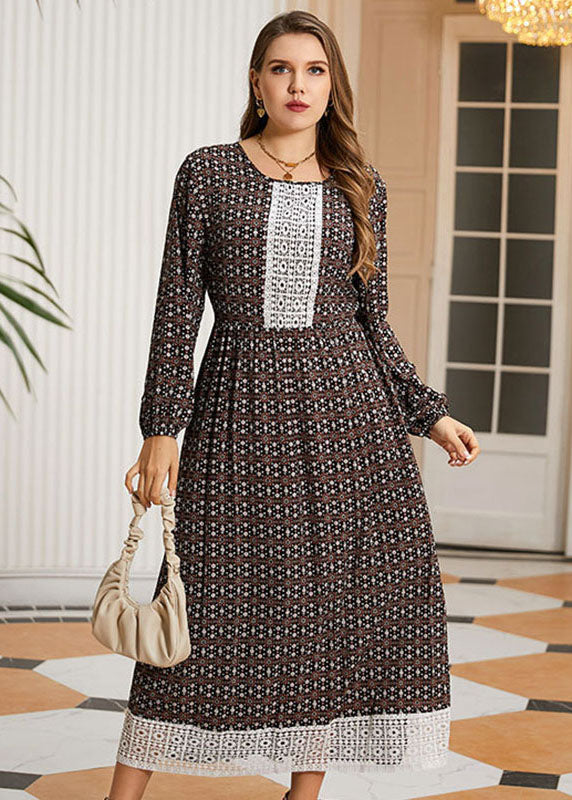 Loose O-Neck Print Lace Patchwork Wrinkled Long Dresses Fall