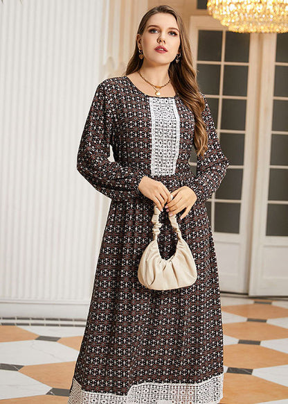 Loose O-Neck Print Lace Patchwork Wrinkled Long Dresses Fall