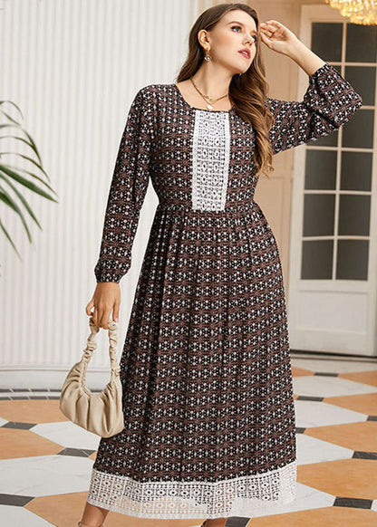 Loose O-Neck Print Lace Patchwork Wrinkled Long Dresses Fall