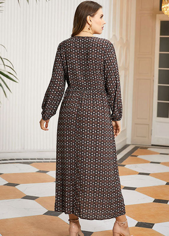 Loose O-Neck Print Lace Patchwork Wrinkled Long Dresses Fall