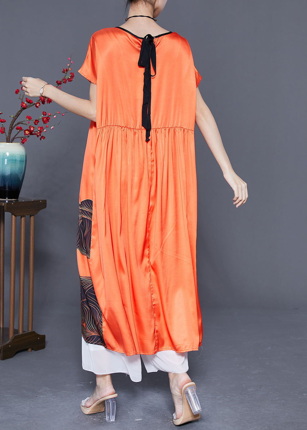 Loose Orange V Neck Print Draping Silk Party Dress Summer
