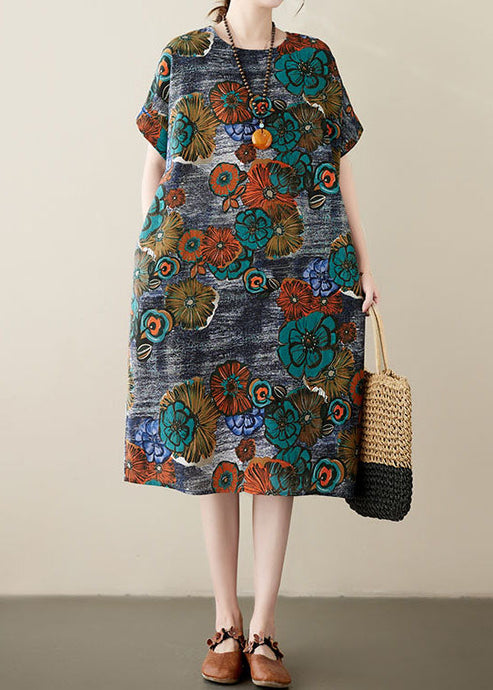 Loose Peacock Blue O Neck Pockets Print Patchwork Cotton Dresses Summer