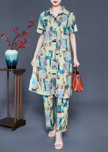 Load image into Gallery viewer, Loose Peter Pan Collar Print Silk Long Shirt And Straight Pants Two Piece Set Summer