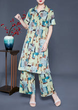 Load image into Gallery viewer, Loose Peter Pan Collar Print Silk Long Shirt And Straight Pants Two Piece Set Summer