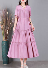 Load image into Gallery viewer, Loose Pink Drawstring Patchwork Ruffled Cotton Pleated Dresses Short Sleeve