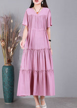 Load image into Gallery viewer, Loose Pink Drawstring Patchwork Ruffled Cotton Pleated Dresses Short Sleeve