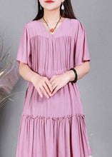 Load image into Gallery viewer, Loose Pink Drawstring Patchwork Ruffled Cotton Pleated Dresses Short Sleeve