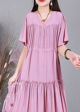 Load image into Gallery viewer, Loose Pink Drawstring Patchwork Ruffled Cotton Pleated Dresses Short Sleeve