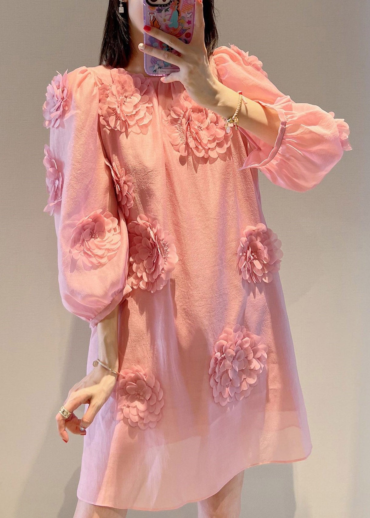 Loose Pink O-Neck Floral Mid Dress Long Sleeve