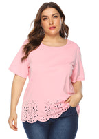 Loose Pink O Neck Hollow Ou Patchwork Cotton T Shirts Tops Short Sleeve