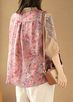 Loose Pink Peter Pan Collar Print Linen Shirt Top Half Sleeve