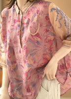 Loose Pink Peter Pan Collar Print Linen Shirt Top Half Sleeve