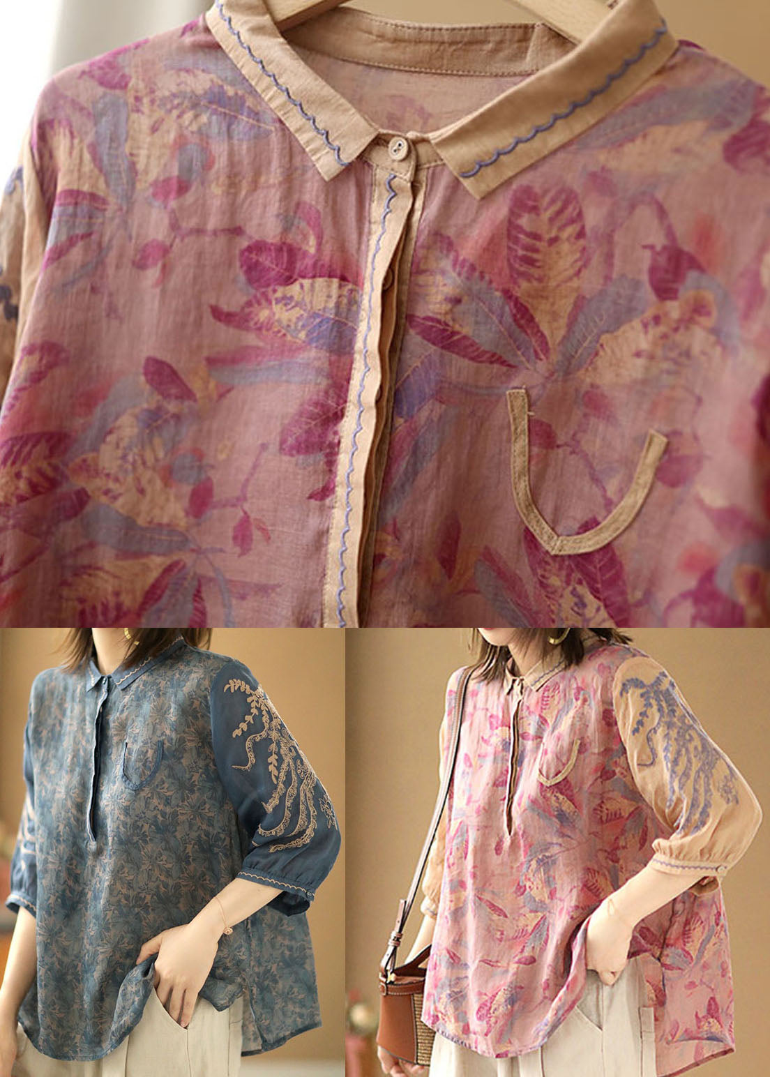 Loose Pink Peter Pan Collar Print Linen Shirt Top Half Sleeve