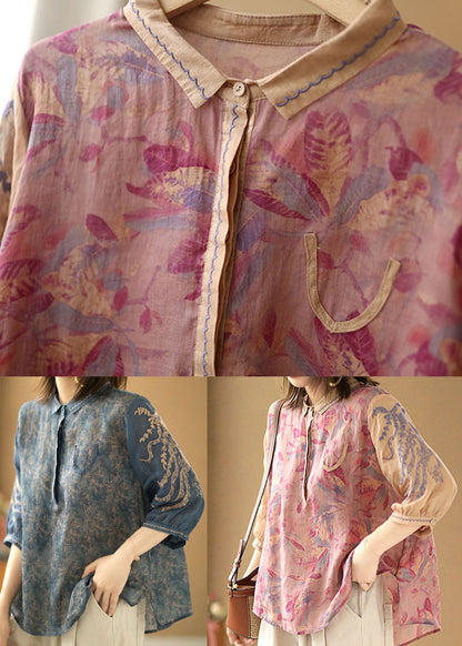 Loose Pink Peter Pan Collar Print Linen Shirt Top Half Sleeve