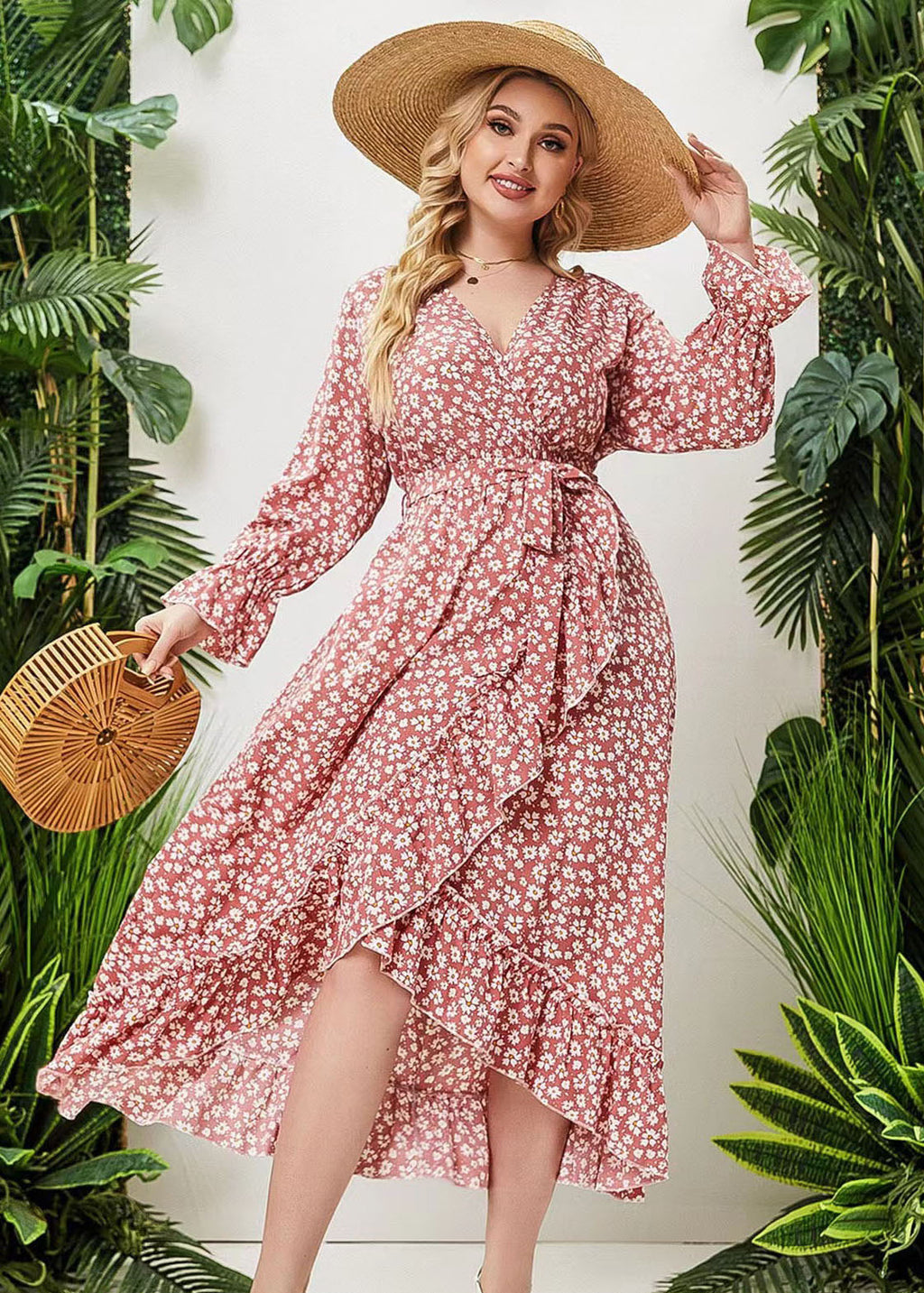 Loose Pink Ruffled Asymmetric Tie Waist Patchwork Dress Flare Sleeve