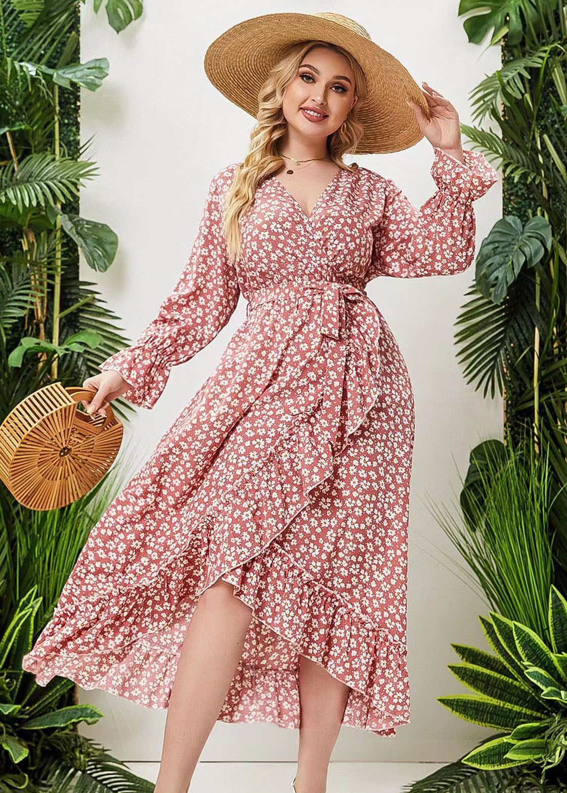 Loose Pink Ruffled Asymmetric Tie Waist Patchwork Dress Flare Sleeve