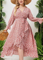 Loose Pink Ruffled Asymmetric Tie Waist Patchwork Dress Flare Sleeve