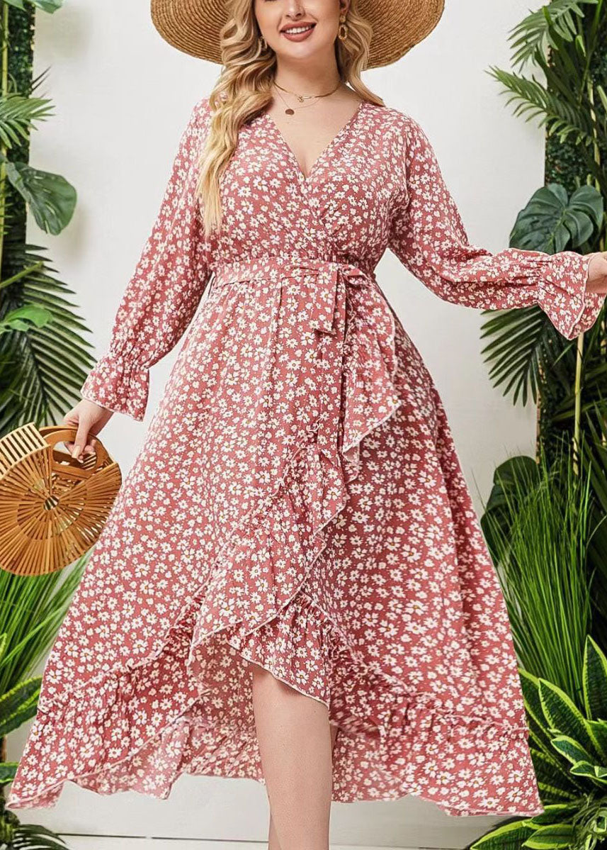 Loose Pink Ruffled Asymmetric Tie Waist Patchwork Dress Flare Sleeve