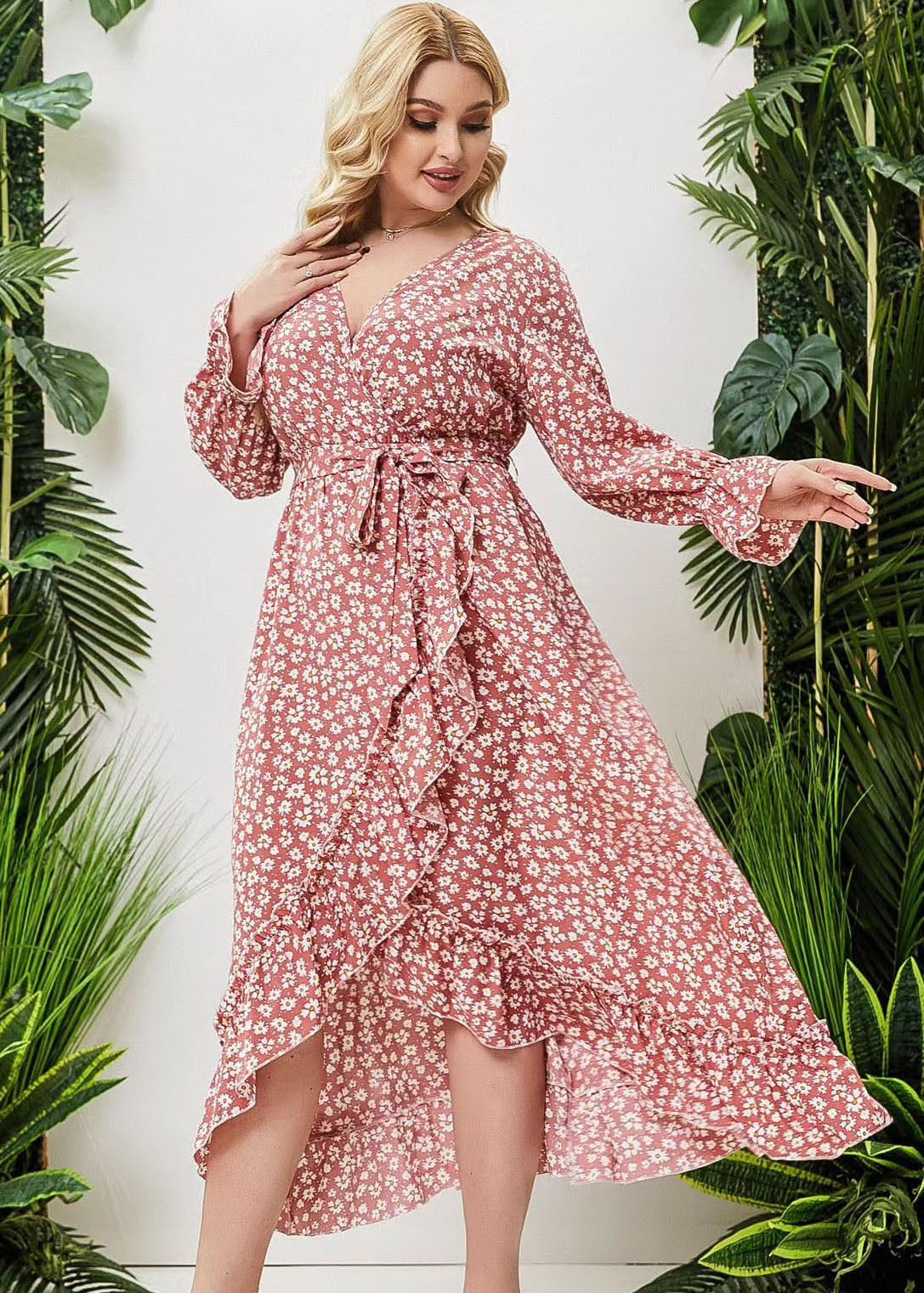 Loose Pink Ruffled Asymmetric Tie Waist Patchwork Dress Flare Sleeve