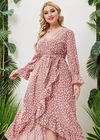 Loose Pink Ruffled Asymmetric Tie Waist Patchwork Dress Flare Sleeve