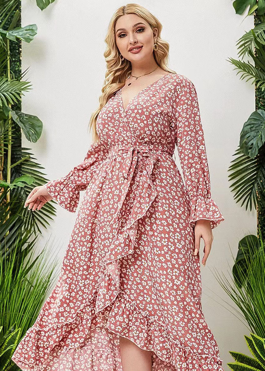 Loose Pink Ruffled Asymmetric Tie Waist Patchwork Dress Flare Sleeve