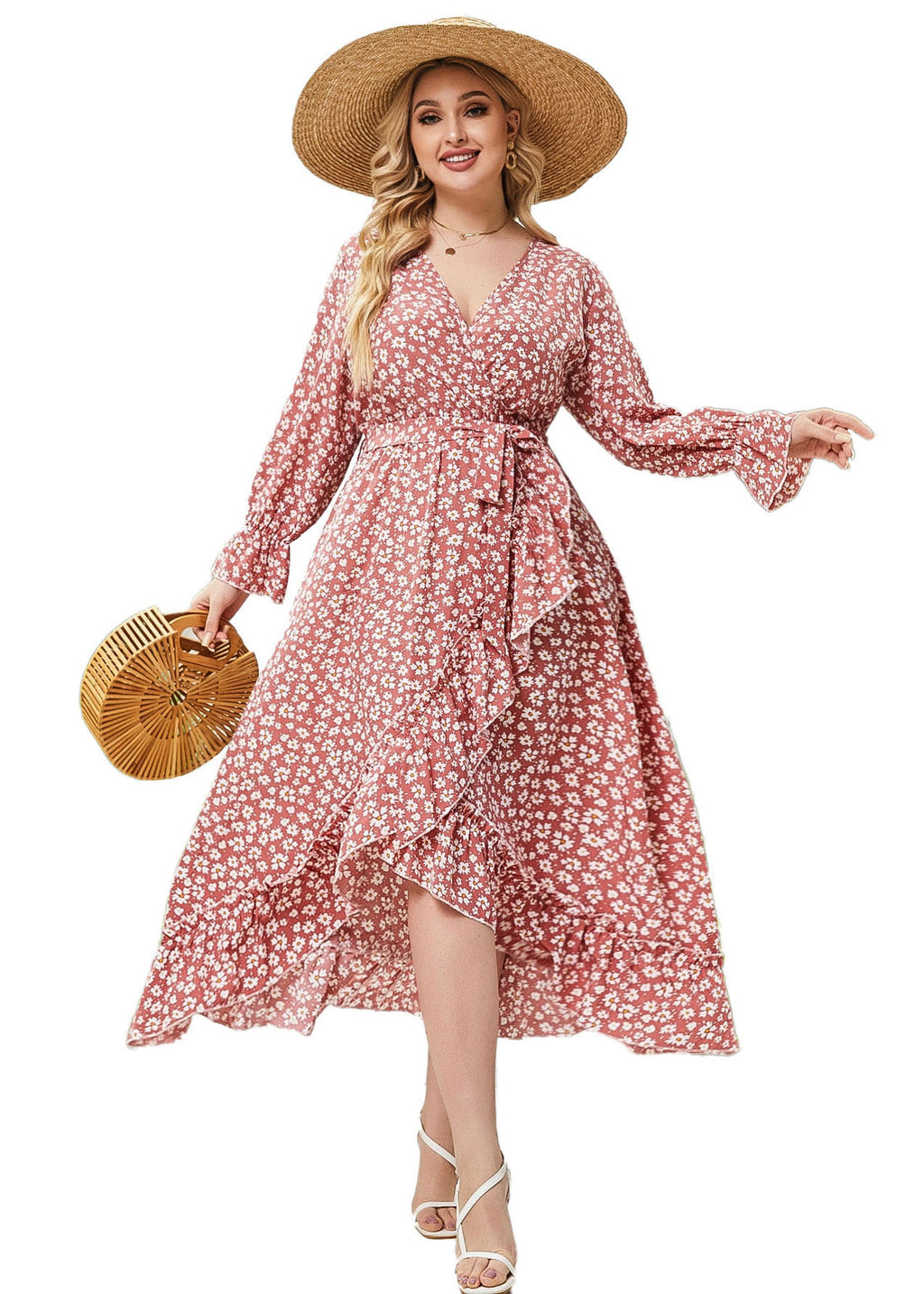 Loose Pink Ruffled Asymmetric Tie Waist Patchwork Dress Flare Sleeve